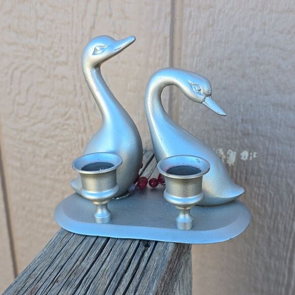Pair of Geese Candle Holder,  VTG Double Candlestick Holder Silver Paint - Picture 1 of 5